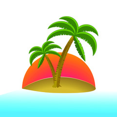 Fairy tale island with palm tree with sunset background.