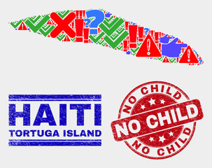 Sign Mosaic Tortuga Island of Haiti map and seal stamps. Red round No Child scratched watermark. Colored Tortuga Island of Haiti map mosaic of different randomized elements.