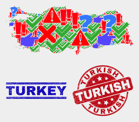 Symbolic Mosaic Turkey map and seal stamps. Red round Turkish scratched seal. Bright Turkey map mosaic of different randomized symbols. Vector abstract collage.