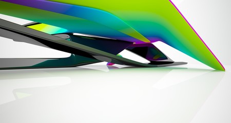 Abstract smooth architectural white interior with color gradient and black of a minimalist house with large windows. 3D illustration and rendering.