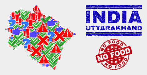 Symbolic Mosaic Uttarakhand State map and seal stamps. Red round No Food distress seal. Colored Uttarakhand State map mosaic of different scattered icons. Vector abstract combination.