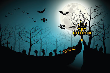 Halloween background. Spooky forest with full moon and grave.