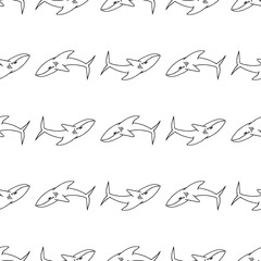 Seamless pattern of outline shark. Seamless pattern of shark, great design for any purposes. Vector outline illustration. Hand drawn doodle illustration. Hand drawing. Silhouette symbol