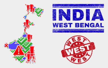 Symbolic Mosaic West Bengal State map and stamps. Red rounded West distress watermark. Colored West Bengal State map mosaic of different random symbols. Vector abstract combination.