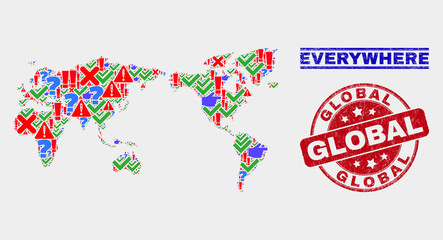 Sign Mosaic world map and seal stamps. Red rounded Global textured seal stamp. Colored world map mosaic of different random items. Vector abstract composition.