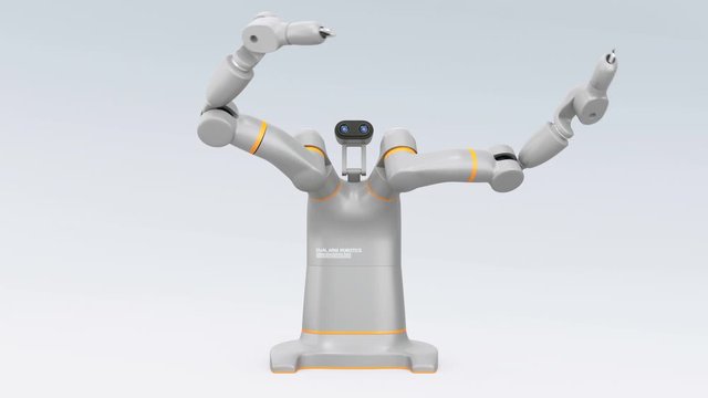 Gesture demonstration of dual-arm robot. Collaborative robot concept. 3D rendering animation.