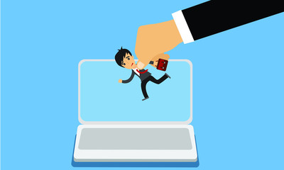 Vector hand holding businessman on laptop computer.