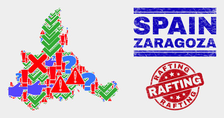 Symbol Mosaic Zaragoza Province map and seal stamps. Red round Rafting distress seal. Bright Zaragoza Province map mosaic of different random elements. Vector abstract composition.