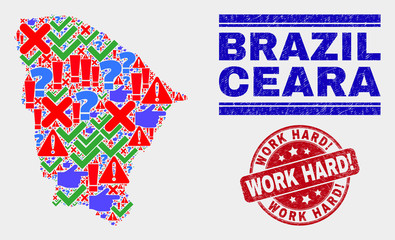 Sign Mosaic Ceara state map and seal stamps. Red round Work Hard! distress seal. Colored Ceara state map mosaic of different randomized symbols. Vector abstract collage.