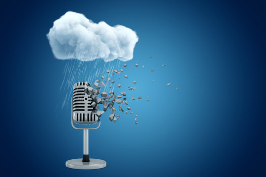 3d rendering of microphone dissolving into small pieces standing under raining cloud on blue gradient background with copy space.