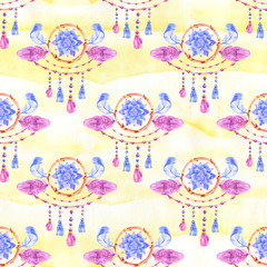 Seamless pattern with dreamcatchers, hand drawn in watercolor. Seamless texture with hand drawn feathers. Illustration for your design. Bright colors.