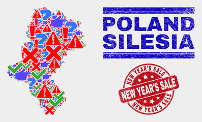 Symbol Mosaic Silesian Voivodeship map and seal stamps. Red round New Year'S Sale scratched seal. Bright Silesian Voivodeship map mosaic of different randomized elements. Vector abstract composition.