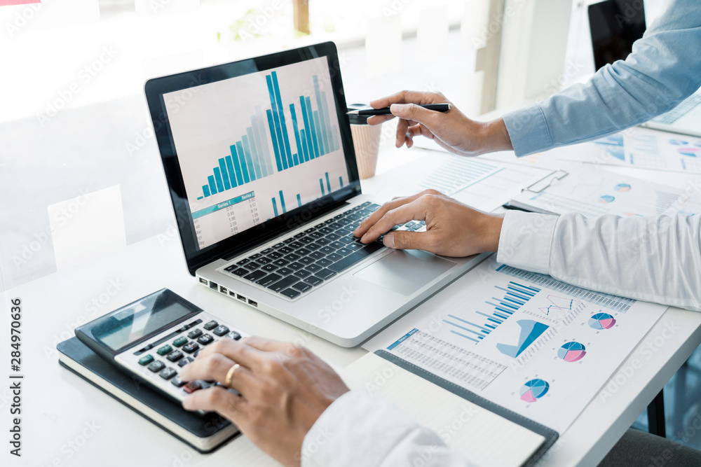 Poster business people talking discussing with coworker planning analyzing financial document data charts a