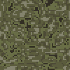 Pixel camo background. Seamless camouflage pattern. Military texture. Green, brown. forest color. Vector fabric textile print designs.