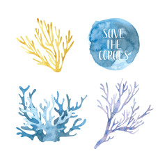 Watercolor set with glowing coral sea reef. Pantone trend colors of climate change. Hand drawn illustration. Perfect for wrapping paper, printable, textile, sticker