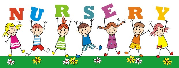 Fototapeta premium Nursery, vector illustration. Group of little girls and boys with inscription nursery.