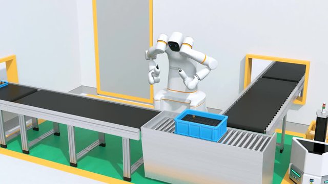 Dual-arm robot move into cell-production space and assembly motor coils . Collaborative robot concept. 3D rendering animation.