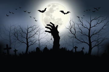 Fototapeta premium Zombie hands rising in dark Halloween night. Vector illustrator