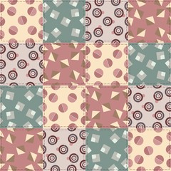 Patchwork background with geometric shapes.