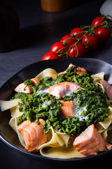 pappardelle pasta with creamed spinach and fried salmon