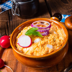rustic Bavarian obazda with radishes and onions