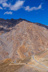 Himalayan mountain landscape along Leh to Manali highway. Majestic rocky mountains in Indian Himalayas, India