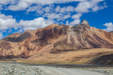 Himalayan mountain landscape along Leh to Manali highway. Majestic rocky mountains in Indian Himalayas, India