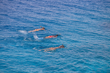 Three young girls snorkeling in blue waters above coral reef on red sea in Sharm El Sheikh, Egypt. People and lifestyle concept. Top view