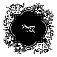 Template of happy birthday, design greeting card or invitation card, with cute wreath frame. Vector