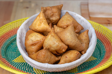 Vegetarian fried samosa. Closeup vegetarian samsa or samosas. Indian special traditional street food