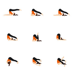 Plow modifications yoga poses set/ Illustration stylized woman practicing halasana posture variations