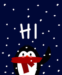 Naklejka premium Cute penguin in red scarf say hi with snow falling background. Vector illustration.