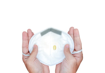 Hand holding protective mask on white background, Healthcare and medical concept, space for text