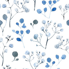 Aquarell nahtloses Muster mit schwarzen und blauen Pflanzen