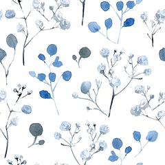 Gardinen Aquarell nahtloses Muster mit schwarzen und blauen Pflanzen © dinkoobraz