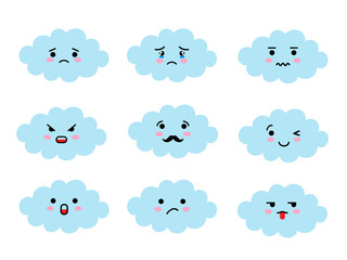Set of cloud shaped emoji with different mood. Kawaii cute clouds emoticons and Japanese anime emoji faces expressions.
