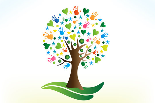 Tree hearts and hands people figures logo vector web image template