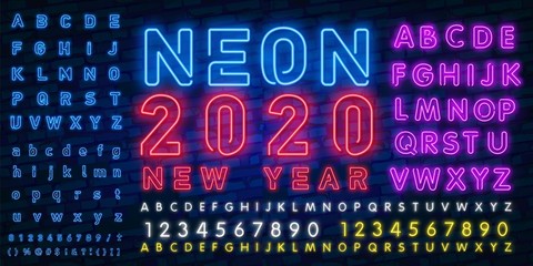 Neon sign happy new year 2020 on a dark background with bright alphabets. Can be used for greeting card, invitation and other. Vector illustration.