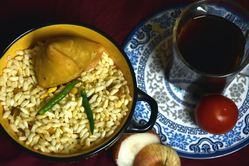Puffed Rice, Snacks, Chilli, Tomato with Cup of Tea