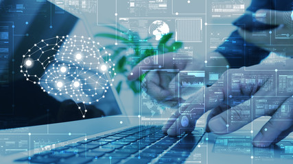 AI, artificial intelligence conceptual with computer interface of business team, big data...