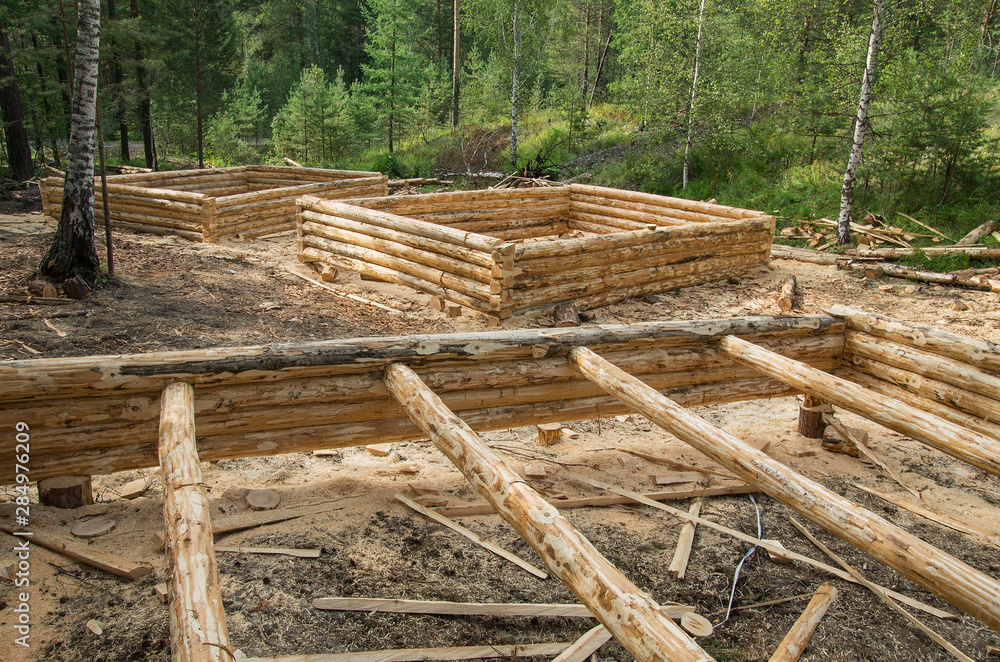 Wall mural production of log cabins on the forest plot.