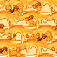 Seamless dripping honey pattern. Sweet background with honeycombs