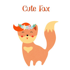 Cute fox in floral wreath isolated on white background