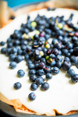 Fresh cheesecake with wild blueberries on the rustic background. Selective focus. Shallow depth of field.