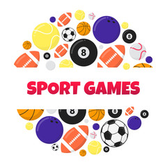 Sport games balls flat style design vector illustration set isolated on white background. Soccer, ping pong, basketball, tennis, football, billiards, bowling, baseball balls - symbols of sport games.