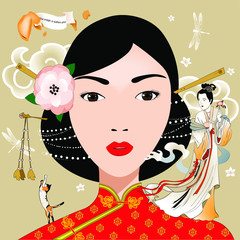 Beautiful Chinese Woman with with a little ancient chinese princess and cat. Surrealism. Magic. Vector