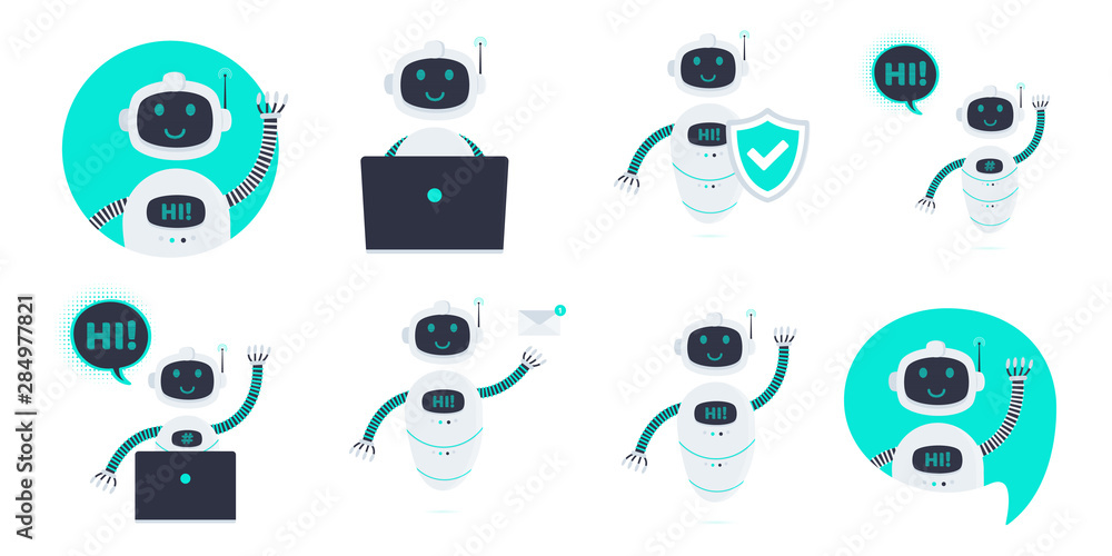 Poster robot chatbot icon sign flat style design vector illustration set isolated on white background. cute