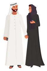 Arab people man and woman vector, isolated characters muslim religion. Friendly couple wearing hijab and long coat flat style characters eastern nation