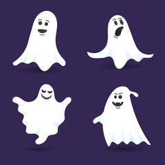 4 cute ghost characters flat style design vector illustration set isolated on dark background. Halloween boo spooky symbol flying above the ground.