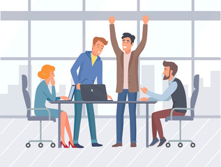 Business and teamwork, office interior and workers vector. Meeting or conference, laptop on desk and panoramic window, downtown or city center, businessman. Office room with big window